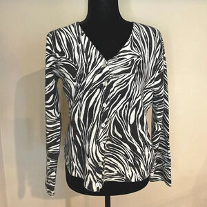 Jillian Jones black and white abstract/zebra print lambs wool cardigan